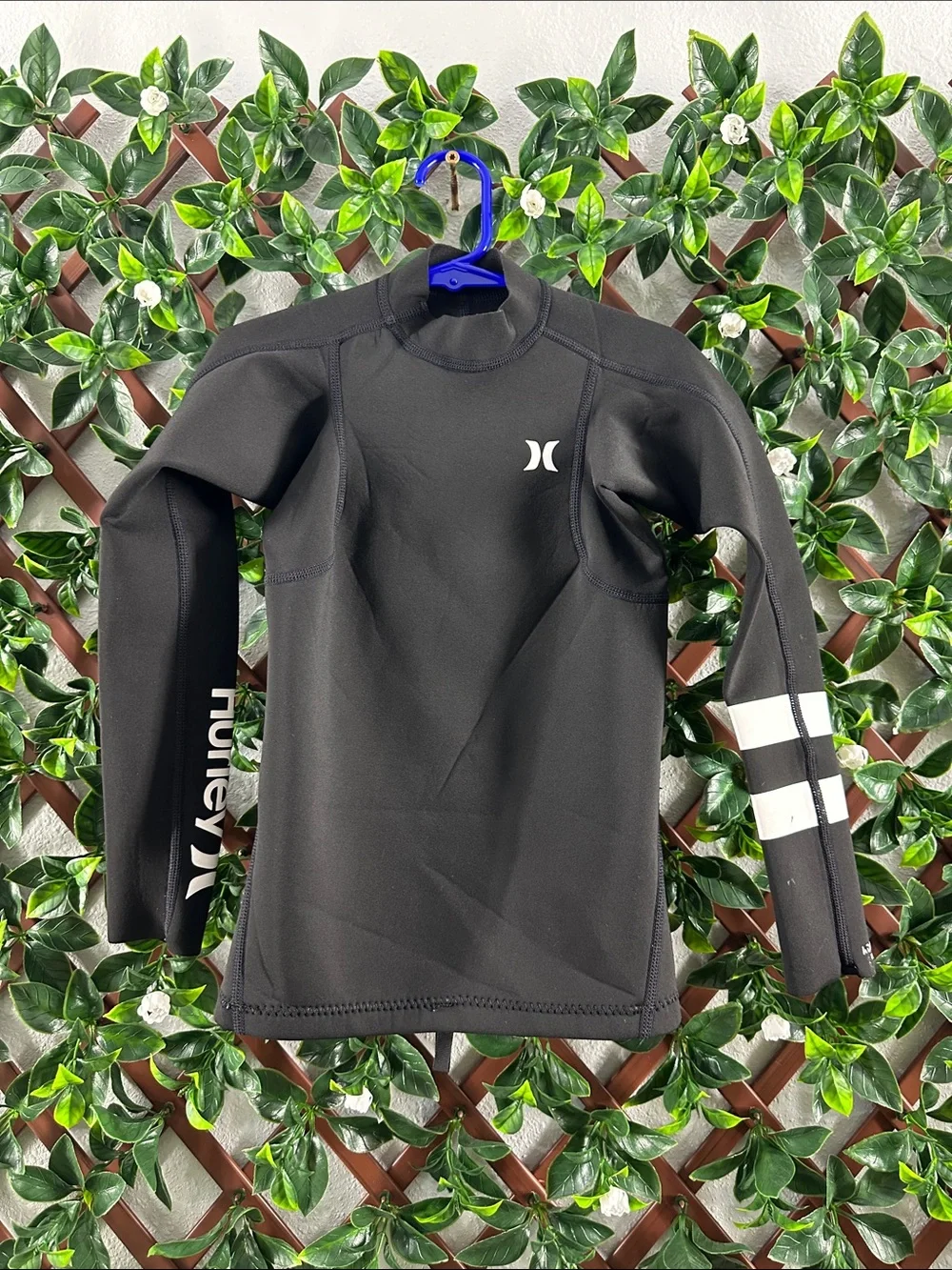 Hurley Black Long Sleeve Rash Guard with White Logo and Sleeve Stripes